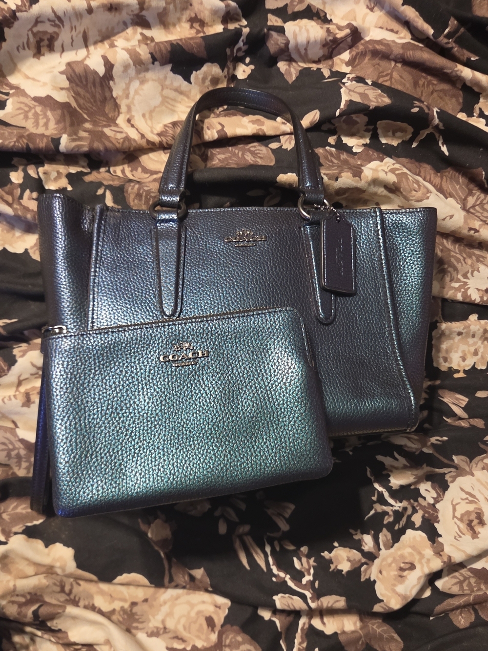 RARE Coach Crosby Carryall Satchel In Metallic Oilslick w/ Zip Pouch